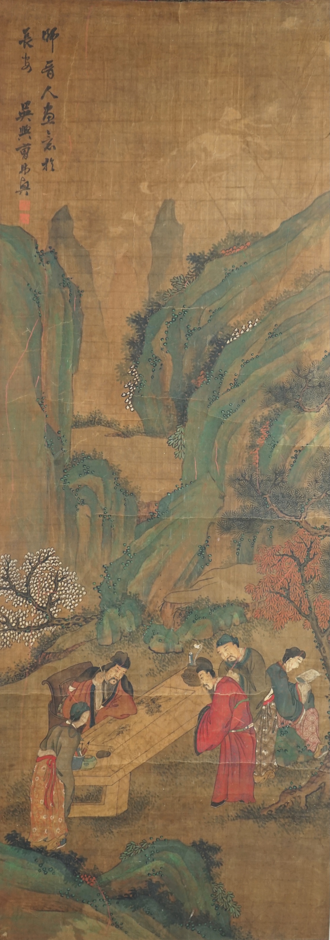 Chinese School, 19th century, scroll painting, ink and colour on silk, scholars in a garden examining a painting